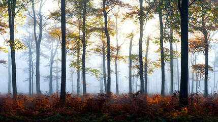 Fototapeta premium Misty Autumn Forest with Sunlight Streaming Through Trees