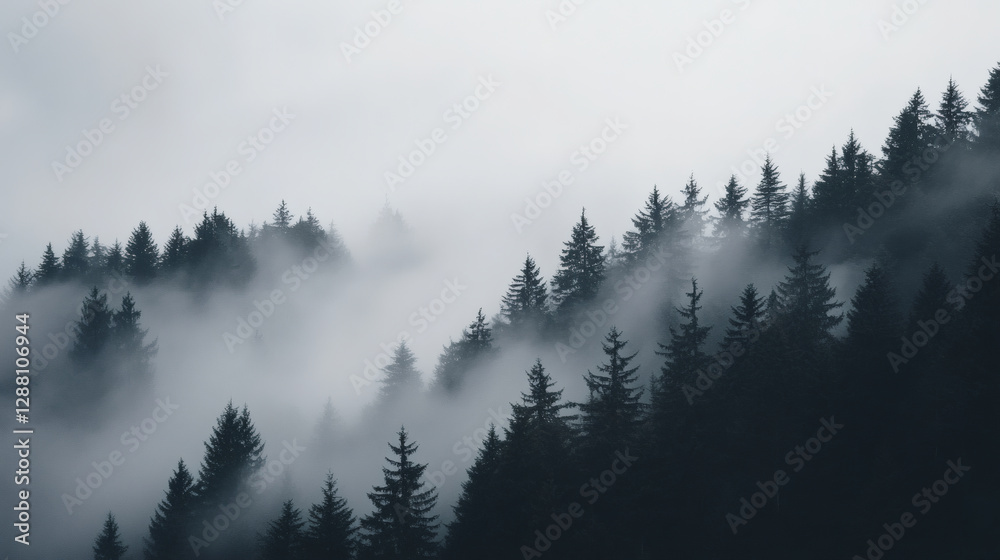 Poster A misty forest landscape featuring tall trees shrouded in fog, creating a serene and mysterious atmosphere