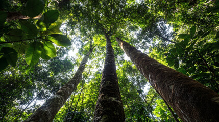 Fototapeta premium Towering trees rise towards a bright sky, surrounded by lush green foliage in a vibrant forest ecosystem