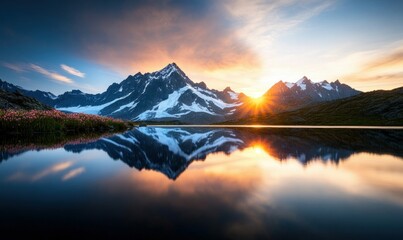 Alpine Lake Reflecting Snow-Capped Mountains at Sunrise