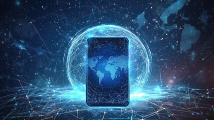 Virtual communication and social media connection, smartphone screen emitting futuristic floating technology symbols