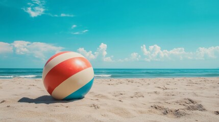 Obraz premium Colorful beach ball resting on sandy shore under blue sky