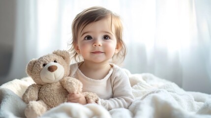 Adorable baby girl hugging teddy bear on soft blanket