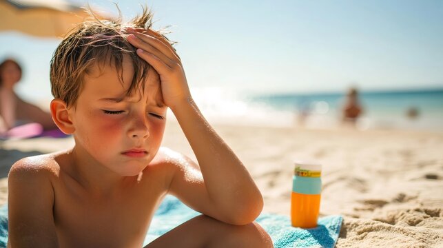 Sunburnt child suffering from headache on the beach