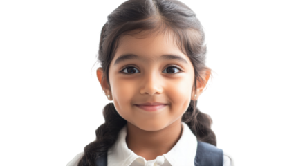 Young girl with long hair smiles happily in a bright and simple background, showcasing innocence and joy of childhood