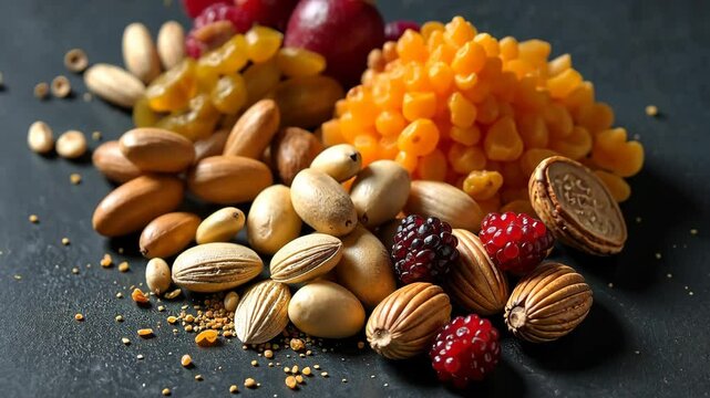 A variety of nuts and berries are spread out on a table. There are almonds, walnuts, cashews, and raspberries