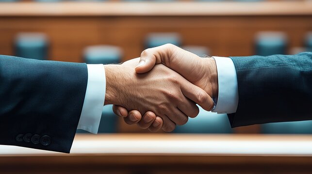 Arbitration and Settlements A handshake between two business competitors reaching a settlement in a courtroom, avoiding prolonged litigation
