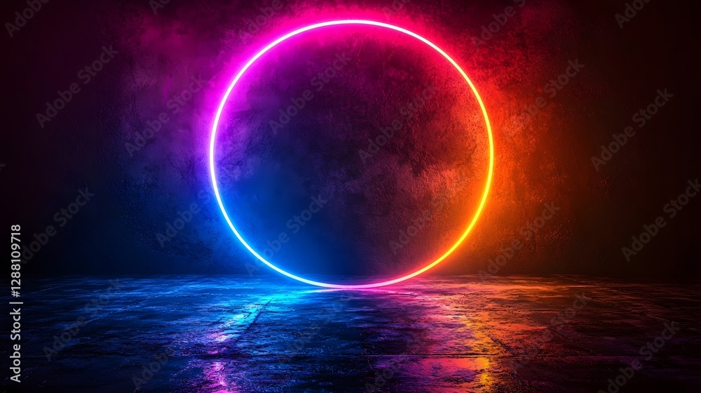 Canvas Prints pulsating neon circle frame against dramatic black background for product presentation and copy spac