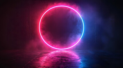 Pulsating Neon Circle Frame Against Dramatic Dark Background for Product Display