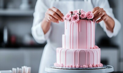 Baker Decorating Multi-Tier Wedding Cake with Fresh Flowers