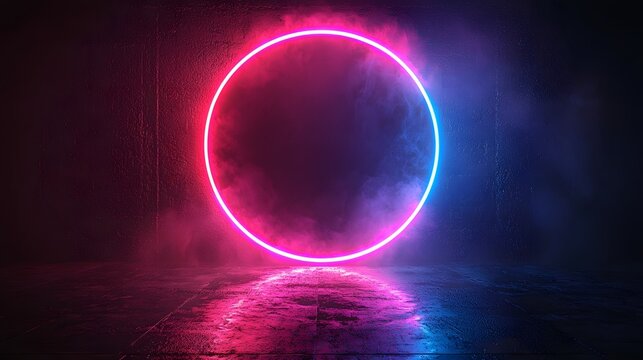 Pulsating Neon Circle Frame Against Dramatic Dark Background for Product Display