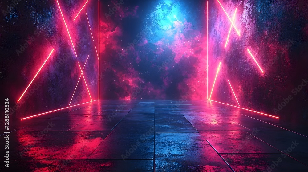 Poster sleek neon backdrop with intersecting glowing lines for product concept display