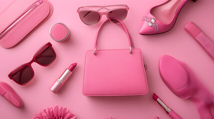flat lay of pink fashion accessories, including a handbag, sunglasses, lipstick, and high heels on a matching pink background