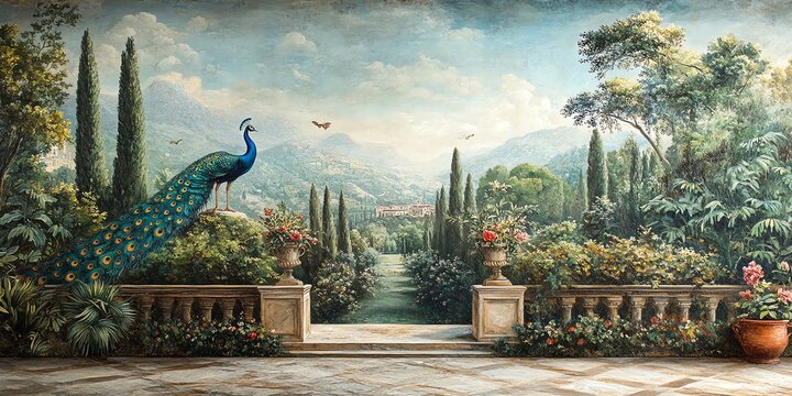 Peacock Standing in Italian Garden Overlooking Rolling Hills and Distant Village