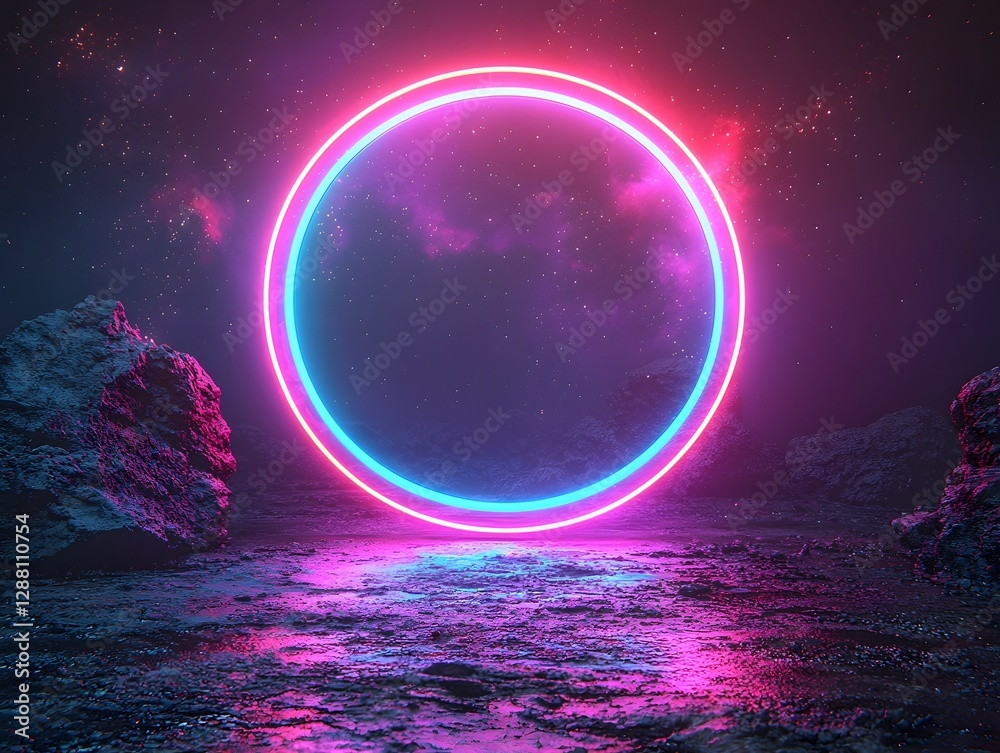 Sticker pulsating neon portal in vibrant cosmic backdrop for futuristic product display