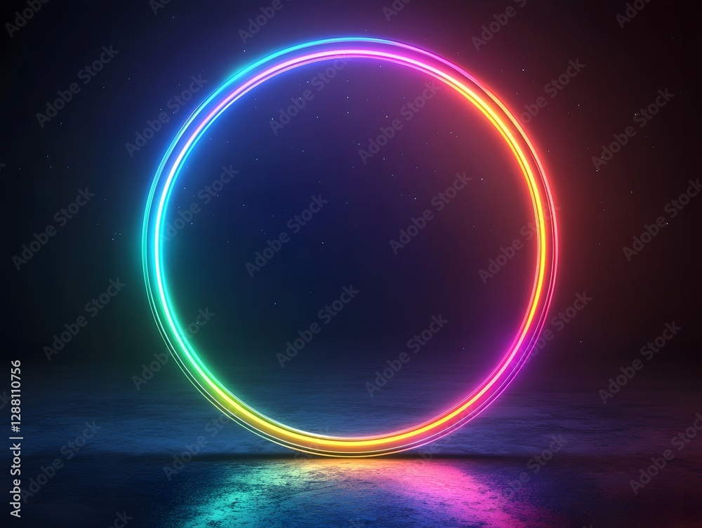 Sticker vibrant neon circle hovering against starry dark background for product concept display