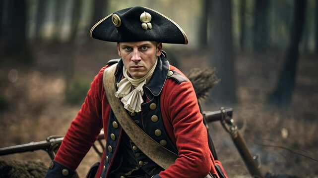A redcoat soldier prepares for battle in a dense forest setting during the 18th century, showcasing determination and readiness amid the tension of impending conflict