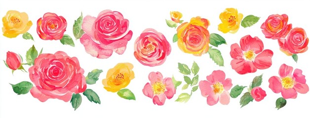 This collection features a variety of flowers, including blue blooms, pink and burgundy roses, along with twigs and leaves, perfect for designing rose compositions, floral frames, and watercolor