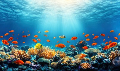 Underwater Scene in Pristine Coral Reef with Colorful Fish and Sunbeams