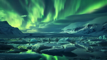 Naklejka premium Majestic Green Lights Dancing Above Arctic Mountains