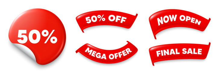 Discount sticker, Sale offer ribbons. Now open, Mega discount. 50 percent off sale tag. Discount offer price sign. Special offer symbol. Red sticker tag. Flag ribbon banners. Vector