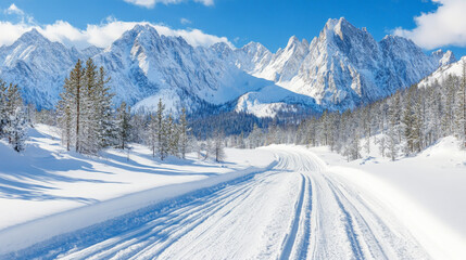 Obraz premium Serene winter landscape: snow-covered road winding through a snowy forest towards majestic snow-capped mountains under a bright sky.