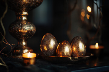 Naklejka premium Elegant easter still life, golden eggs with geometric patterns