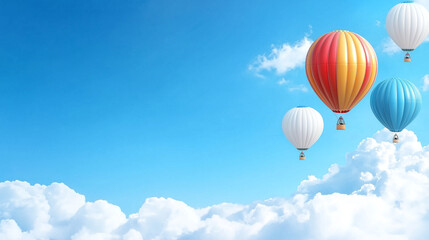 Naklejka premium Colorful hot air balloons float against bright blue sky with fluffy clouds