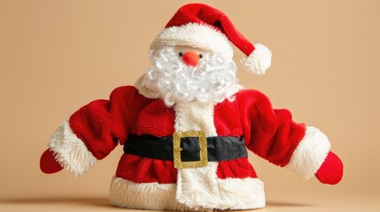 A festive Santa Claus figurine in a classic red suit with a fluffy white beard, set against a warm, neutral background.