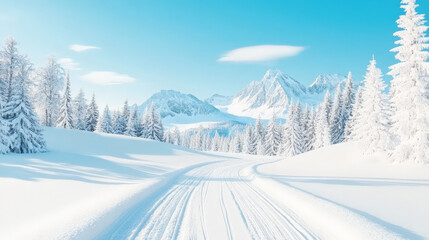Serene winter landscape: Snow-covered trees and mountains under a bright blue sky. A snowy path winds through the scene, inviting exploration.