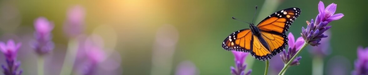 Naklejka premium A monarch butterfly perched on a lavender flower, nature, insect life