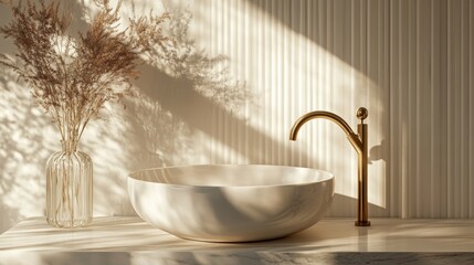 Elegant washbasin on marble counter with gold faucet and sunlit wall panel for skincare display