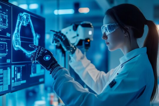 Young caucasian female scientist operating high-tech robotic interface in laboratory
