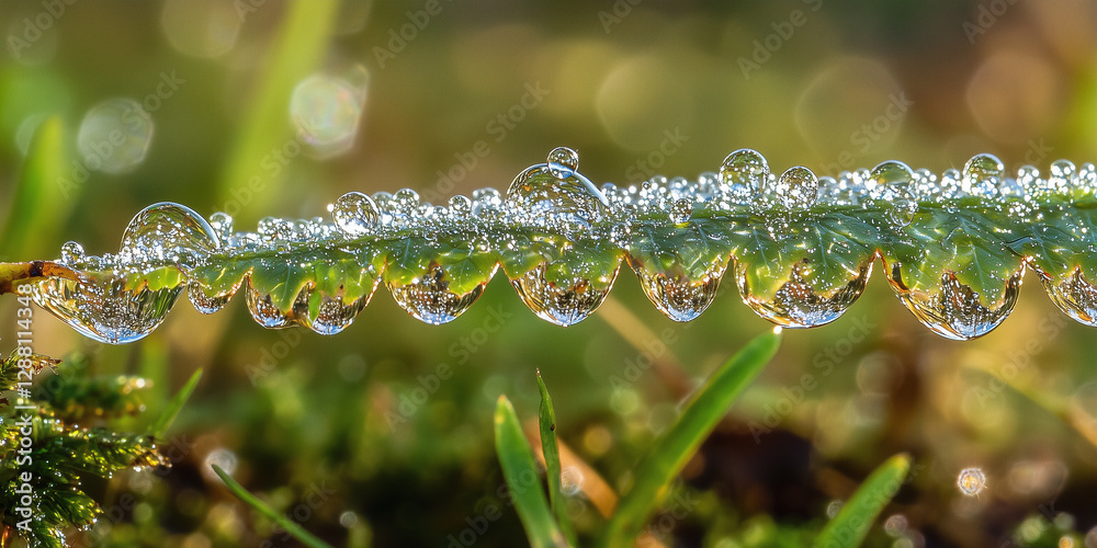 Poster Dew covered fern leaf with sparkling droplets in close up view