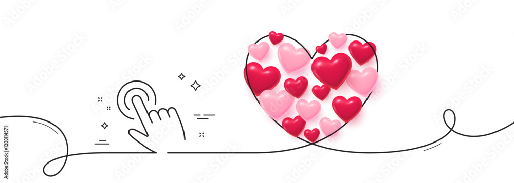 Poster hand cursor line icon. continuous line big heart. click action sign. finger pointer symbol. 3d heart