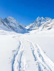 Serene ski tracks wind through a pristine snow-covered valley, nestled between majestic snow-capped mountains under a vibrant blue sky.