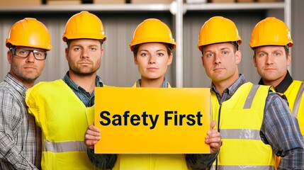 Promoting Occupational Safety: Diverse Workers Holding "Safety First" Sign on National Safety Day