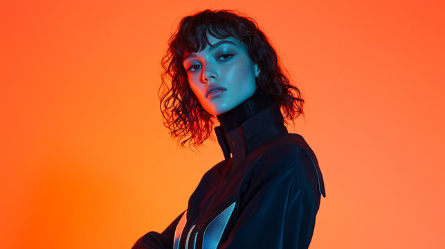 woman with curly hair poses confidently in futuristic outfit against vibrant orange background