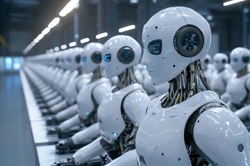 Fototapeta premium Row of humanoid robots in high-tech factory setting