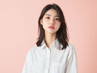 Obraz premium woman in plain white shirt stands against soft pink background, looking serene