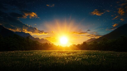 A breathtaking sunrise casts golden rays over a tranquil landscape, with mountains and clouds enhancing the serene beauty of nature.