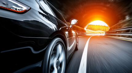 sleek car speeds through tunnel, with sunlight glowing at exit