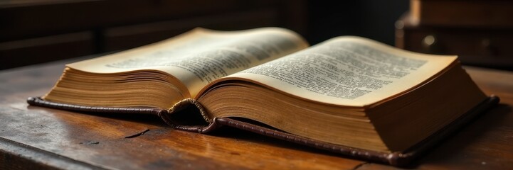 Book with leather binding and gold embossed cover on a desk, book, desk