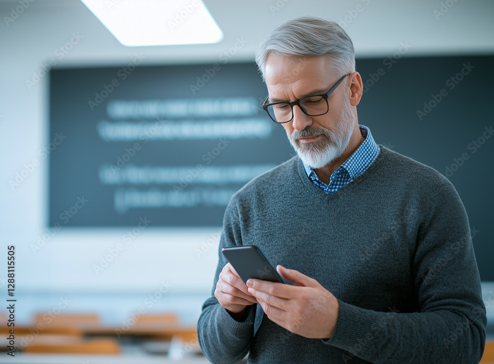 Poster mature man with glasses using smartphone in classroom setting