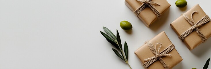 Handcrafted gift boxes are presented on a white wooden background, providing space for text, highlighting an environmentally conscious theme