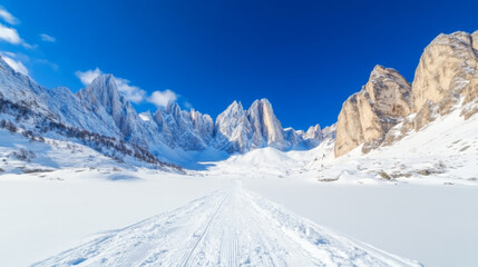Obraz premium A snow-covered path winds through a breathtaking winter landscape, framed by majestic snow-capped mountains under a vibrant blue sky.
