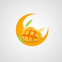 Ripple mango new crescent moon with mongo splash concept juice for Ramadan, Eid, Eid Ul Adha isolated creative design idea, Design concept of Islamic celebration day ramadan kareem or eid fitr