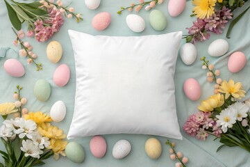 A festive Easter mockup featuring a blank white pillow surrounded by pastel eggs and fresh spring flowers, creating a soft and elegant seasonal display.