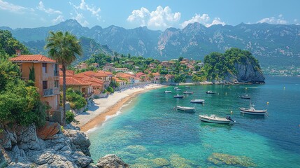 Fototapeta premium Mediterranean coastal town beach scene, sunny day