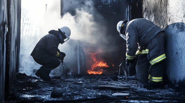 Criminal investigation at an arson scene. Featuring fire investigators examining the remains